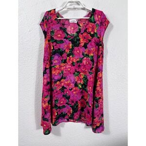 Two Arrows Tunic Women Medium Pink Floral Hawaiian V-Neck Cap Sleeve‎